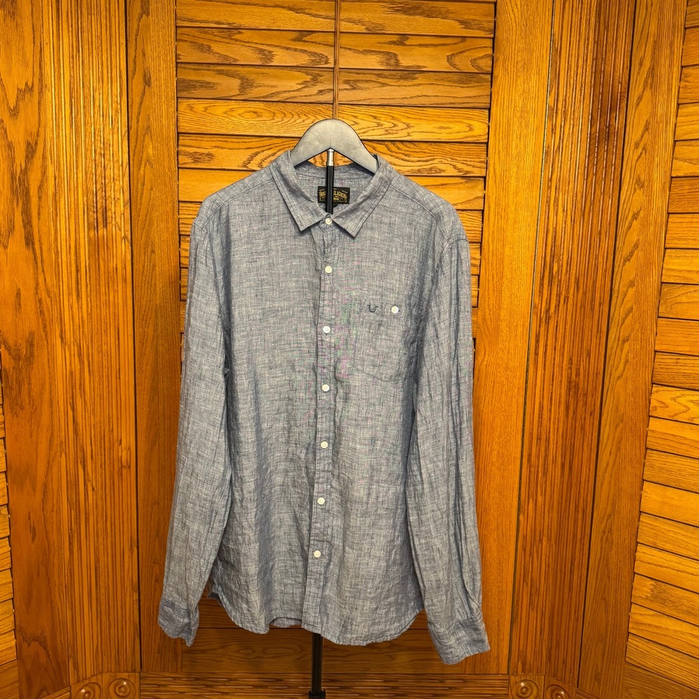 True Religion Mens XXL Blue 100% Linen Long Sleeve Button Down Shirt Sportswear